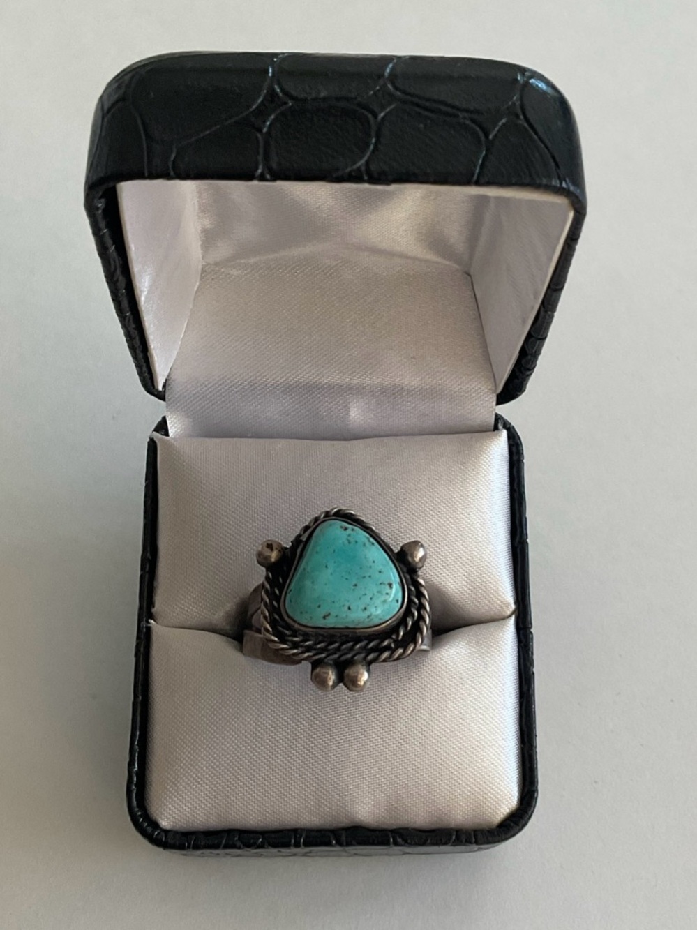 Silver Ring Size 11, Blue Turquoise Triangle Bezel Set Stone